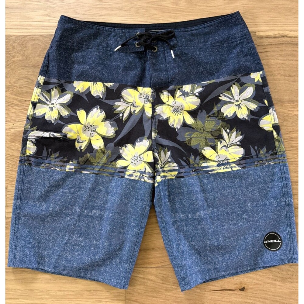 O'Neill Men's Board Shorts Hawaiian Floral PrInt Blue Size 32 Side Pocket Surfer